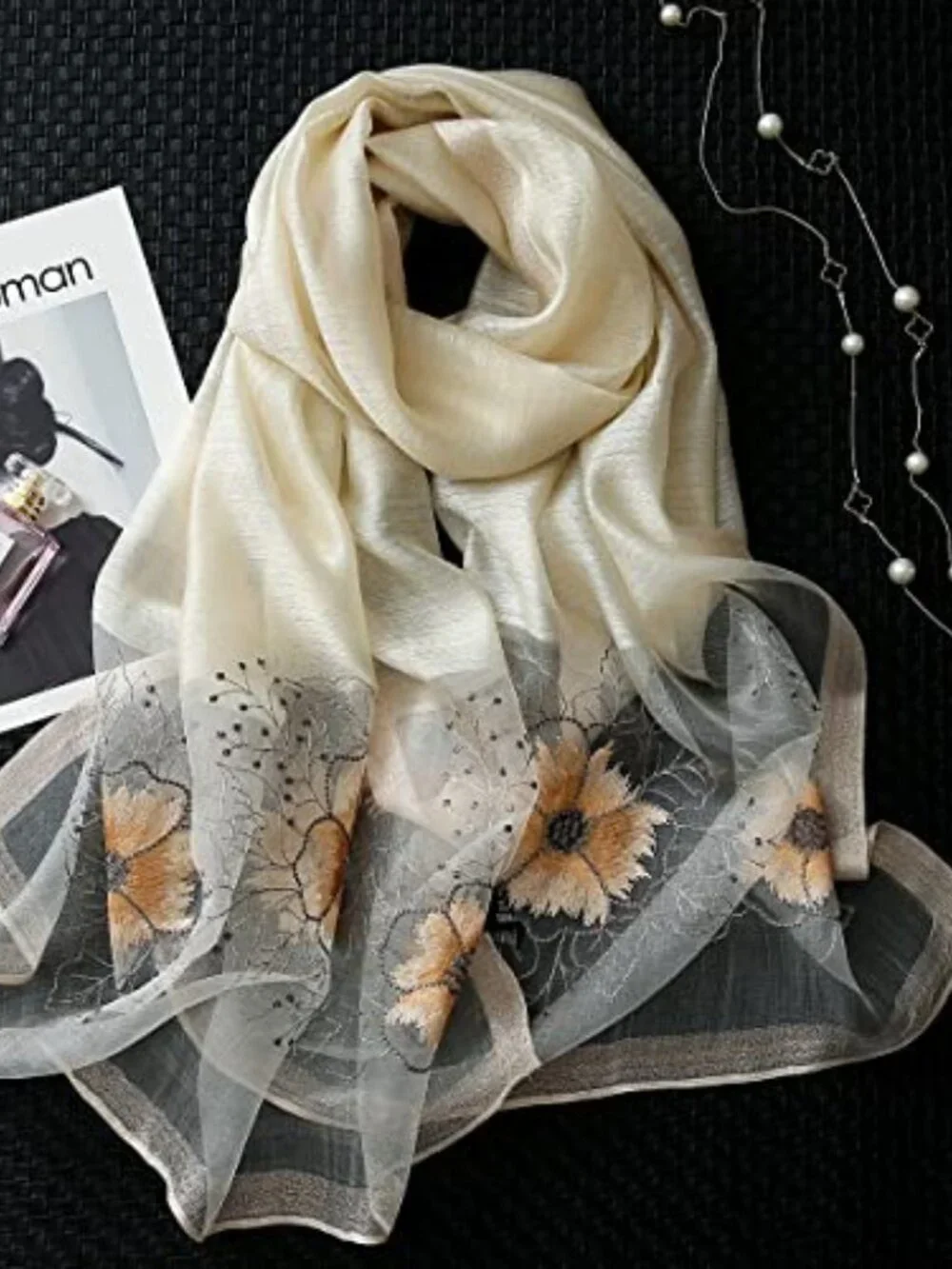 Mulberry Silk Blend Long Embroidered Floral Scarf Shawl Wrap Neckerchief